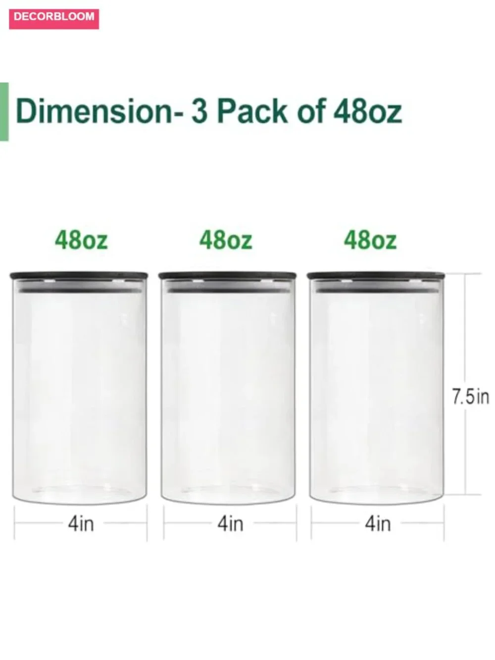 Glass Jars with Black Lids, 3 Pack 48oz Airtight Food Storage Canisters